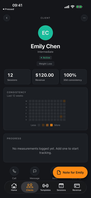RosterOS Client Detail screen showing Emily Chen with sessions, revenue, 30-day consistency, tags, and quick action buttons for Call, Message, Note, Follow-up.