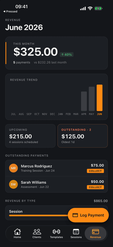 RosterOS Revenue screen showing this month earnings, a 12-month revenue trend bar chart, and a list of outstanding payments from clients.