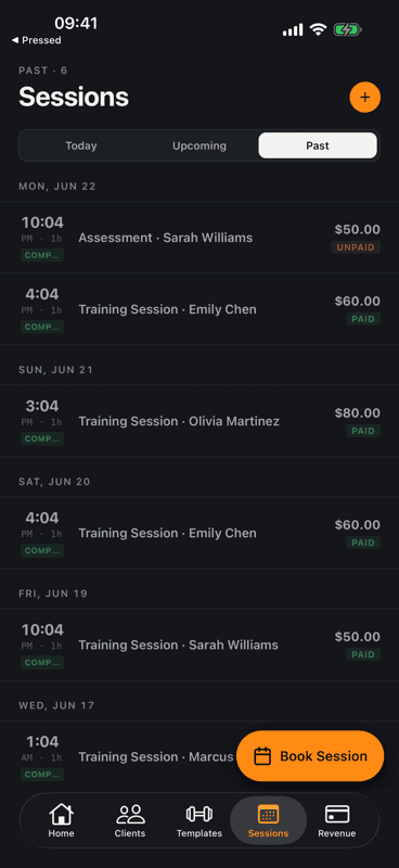 RosterOS Sessions screen showing past training sessions grouped by date with client name, duration, and paid/unpaid status.