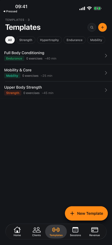 RosterOS Workouts screen listing 6 templates including Full Body Circuit, Lower Body Power, and Upper Body Strength, filterable by type.