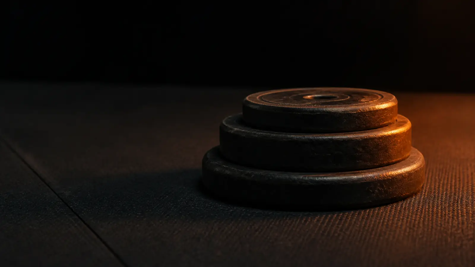 Three cast-iron weight plates stacked on a dark rubber gym floor, their edges caught by warm side light.