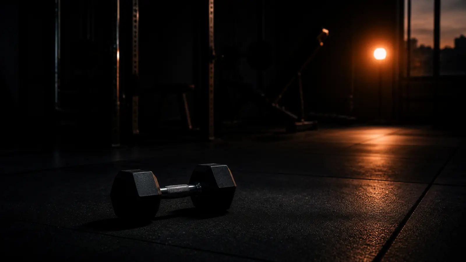 A single dumbbell on the floor of an empty gym, with equipment and a distant warm light fading into darkness.
