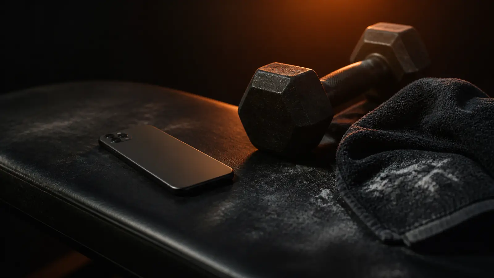 A face-down phone beside a dumbbell and chalk-dusted towel on a dark gym bench under warm rim light.