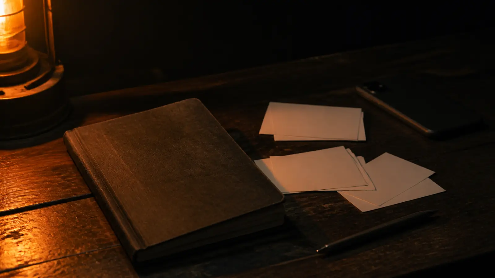 A closed notebook, blank index cards, a face-down phone, and a pen on a worn wooden desk under warm lamplight.