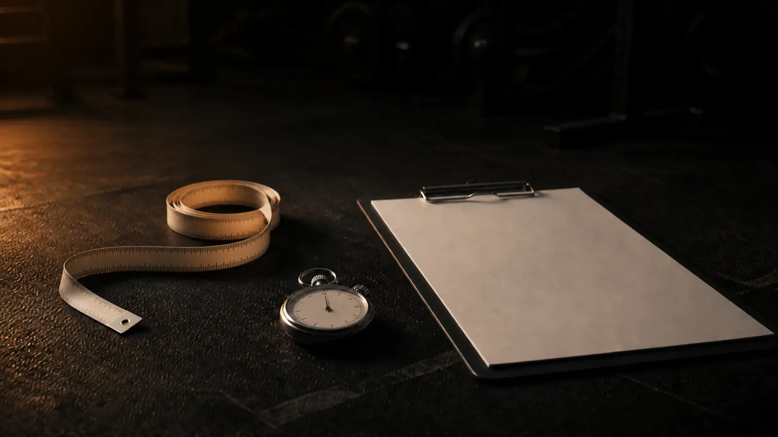 A coiled measuring tape, a stopwatch, and a blank clipboard on a dark rubber gym floor under warm side light.