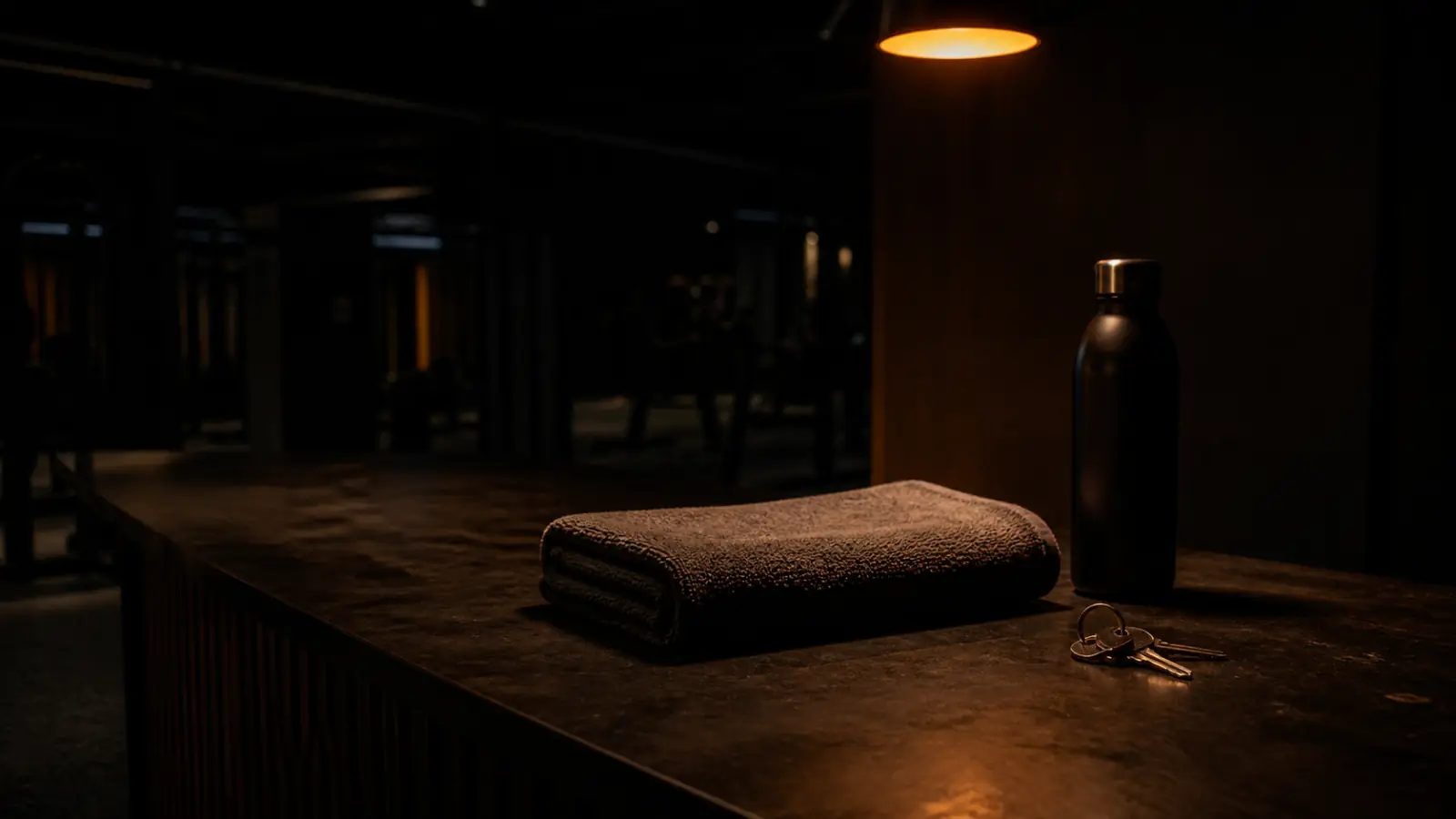 A folded towel, keys, and a closed water bottle on an empty gym reception counter under one warm light.